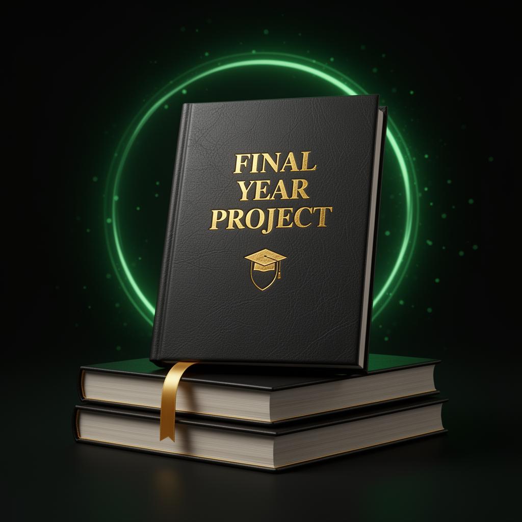 Stack of premium Final Year Project books with green glow